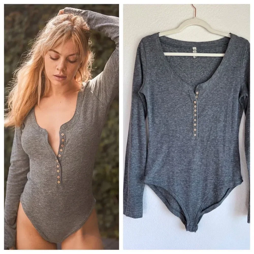 Free People Women's Medium Dylan Waffle Thermal Bodysuit Button Gray